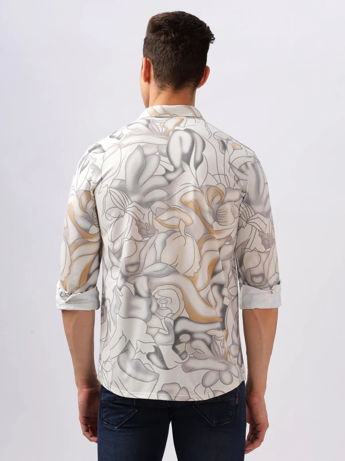 BULLMER Trendy white Regular Fit Printed Causal Full sleeve Shirt For Men.