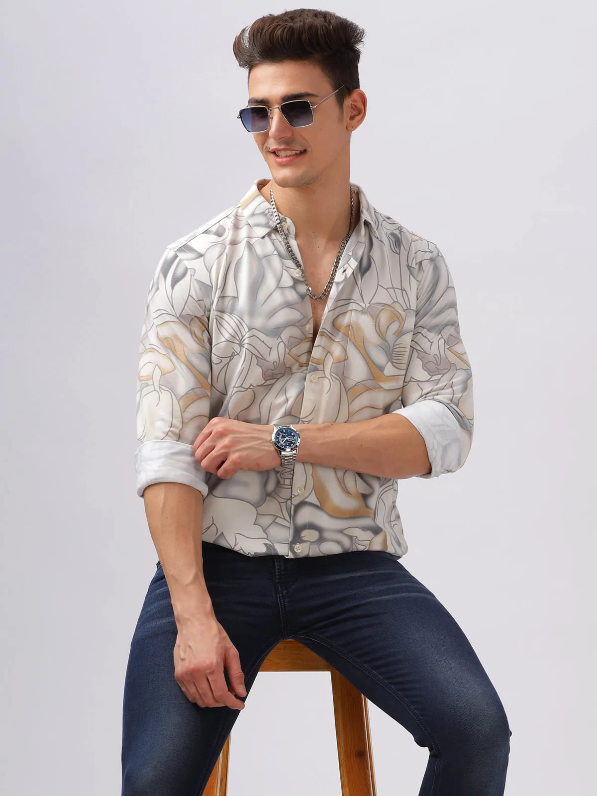 BULLMER Trendy white Regular Fit Printed Causal Full sleeve Shirt For Men.