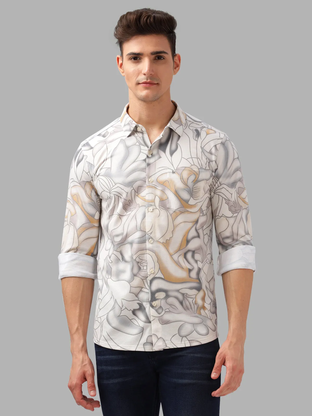 BULLMER Trendy white Regular Fit Printed Causal Full sleeve Shirt For Men.