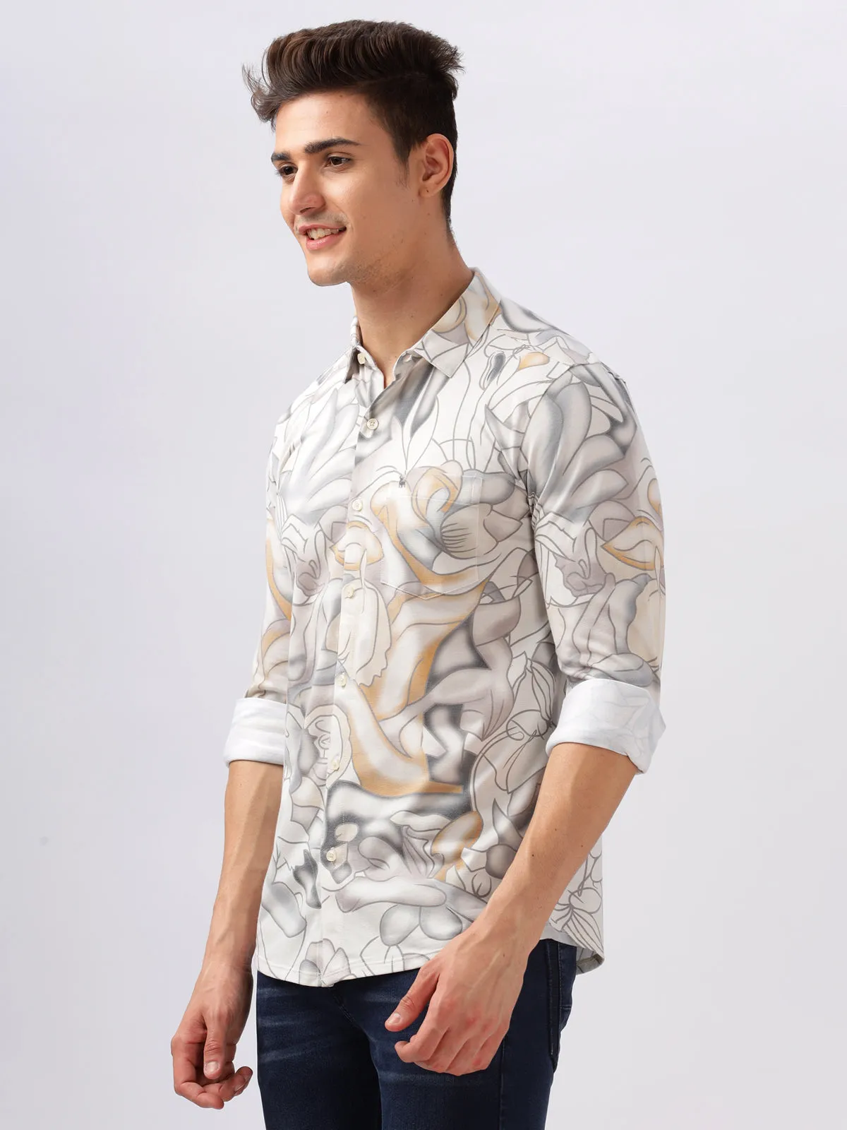 BULLMER Trendy white Regular Fit Printed Causal Full sleeve Shirt For Men.
