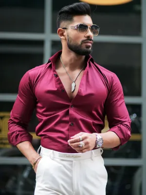 Formy Wine Berry Regular Fit Luxury Satin Cotton Shirt For Men's