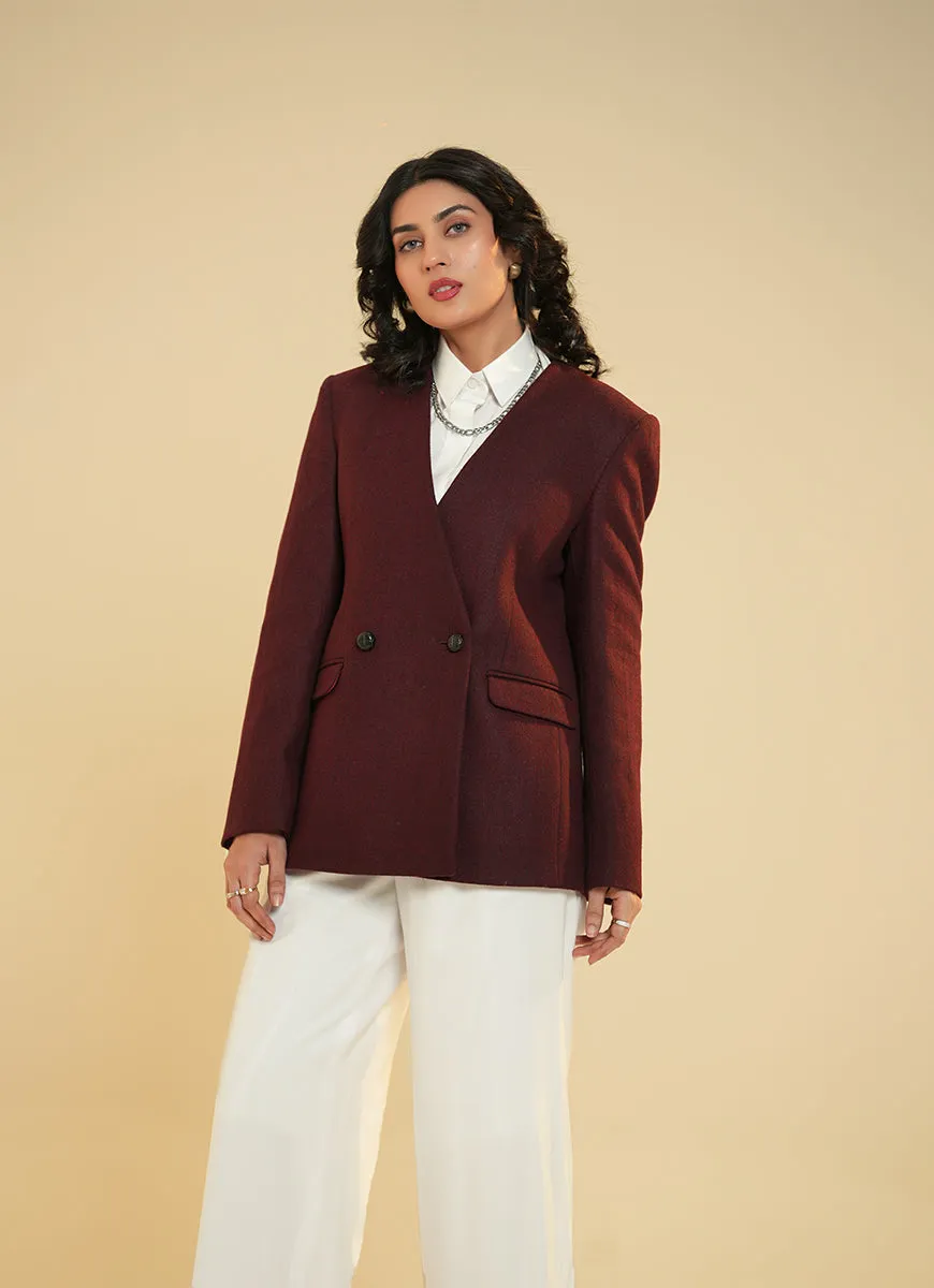 Ladies Jacket - V Neck Double Button Maroon Plain