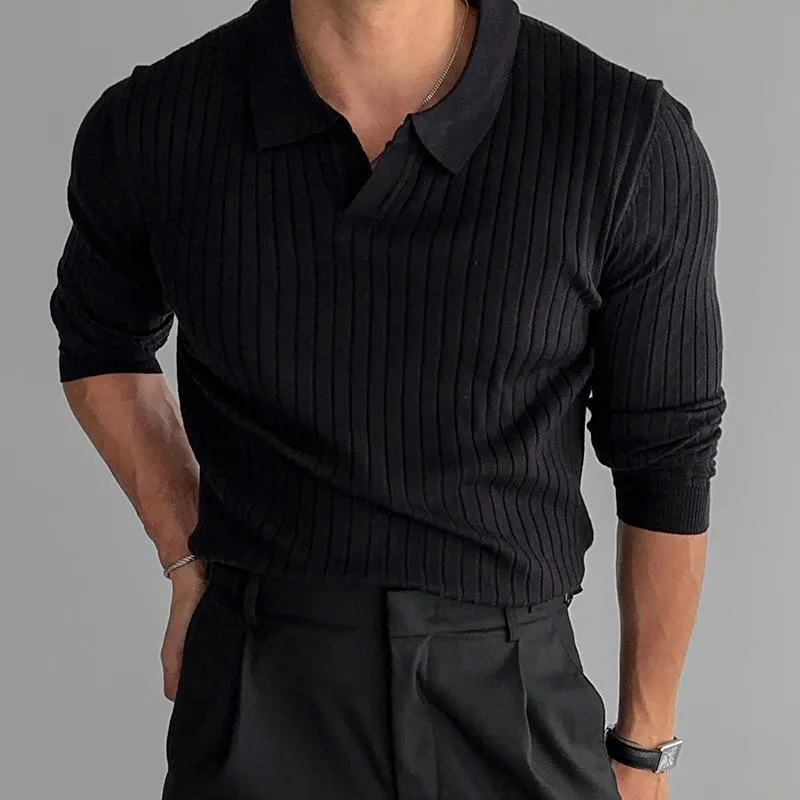 Men's Casual Solid Color Lapel Pullover Slim Fit Long Sleeve Polo Shirt 10864320M
