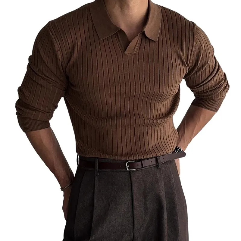 Men's Casual Solid Color Lapel Pullover Slim Fit Long Sleeve Polo Shirt 10864320M