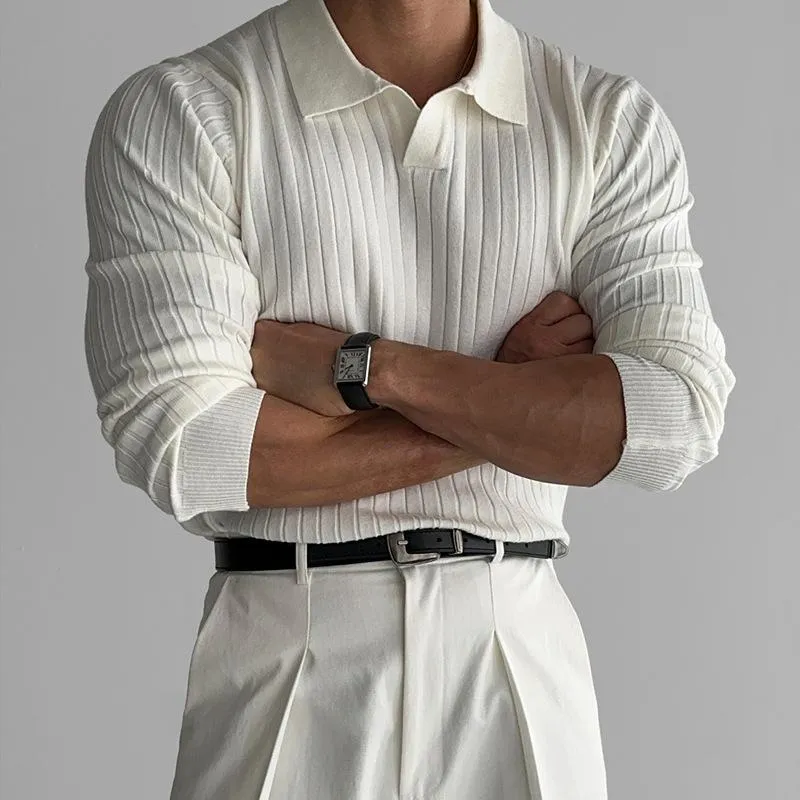 Men's Casual Solid Color Lapel Pullover Slim Fit Long Sleeve Polo Shirt 10864320M