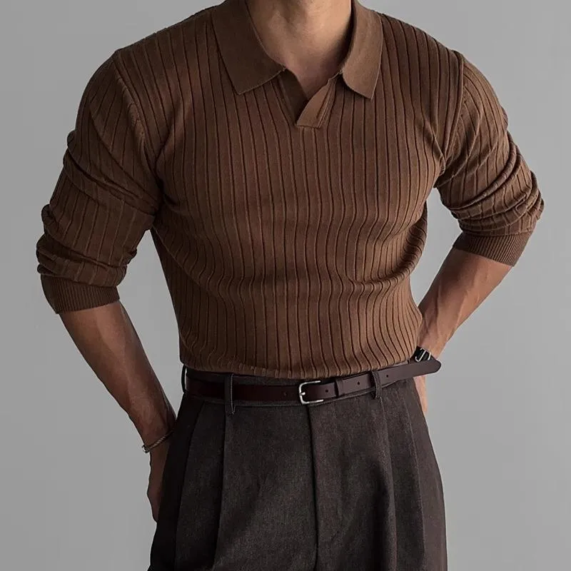Men's Casual Solid Color Lapel Pullover Slim Fit Long Sleeve Polo Shirt 10864320M