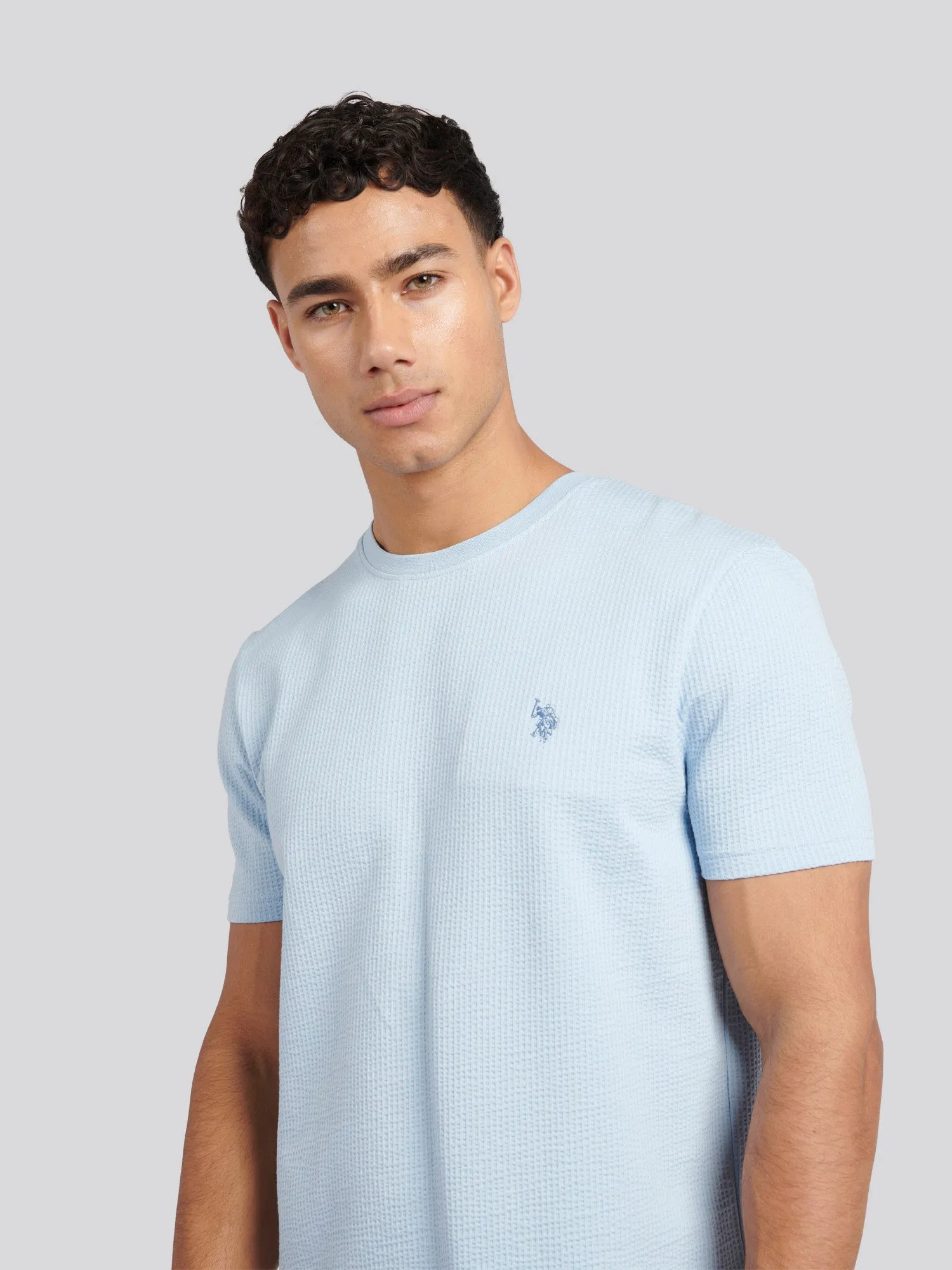 Mens Classic Fit Seersucker T-Shirt in Cashmere Blue