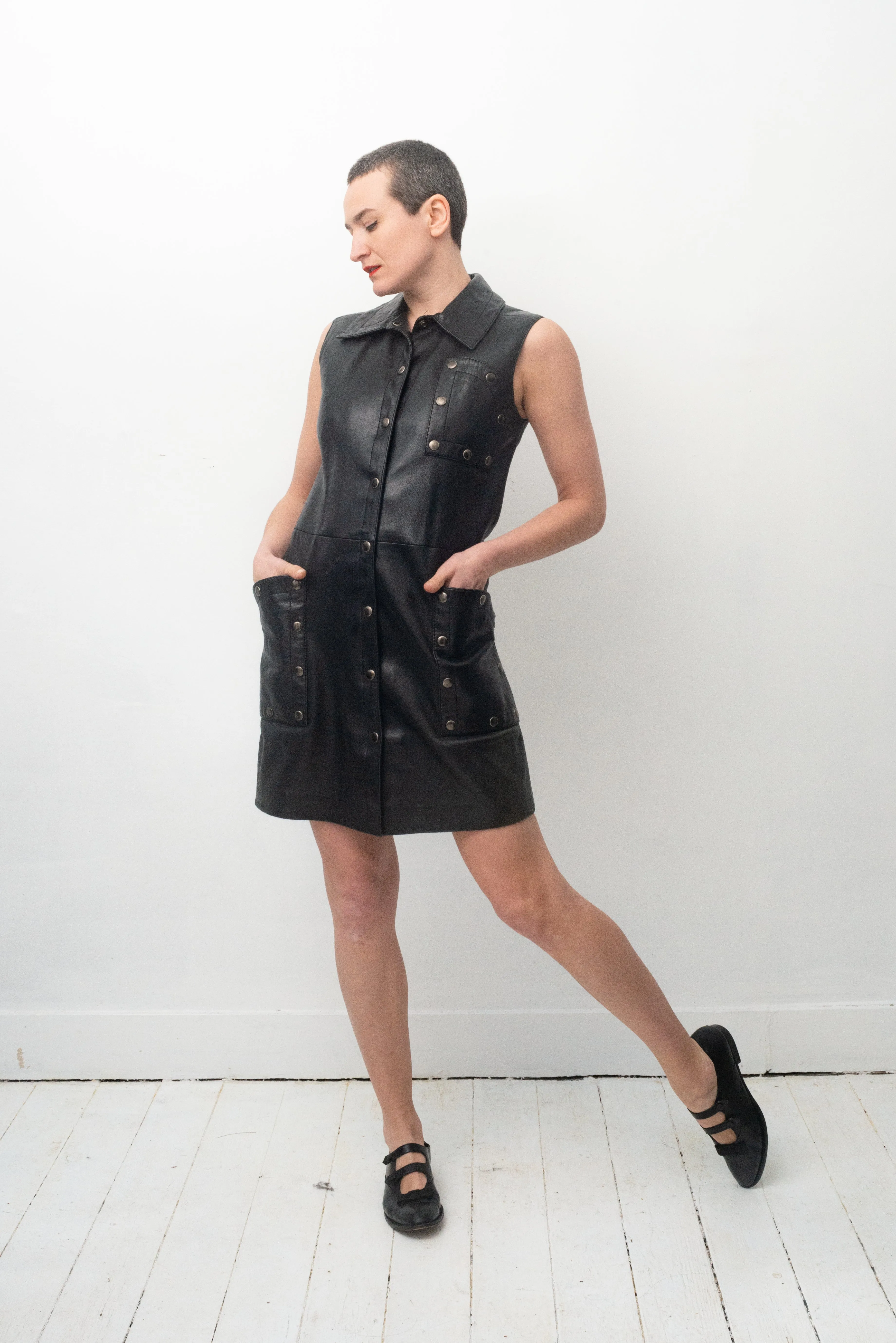 Pierre Cardin 60's leather dress / gilet with silver metal studs.