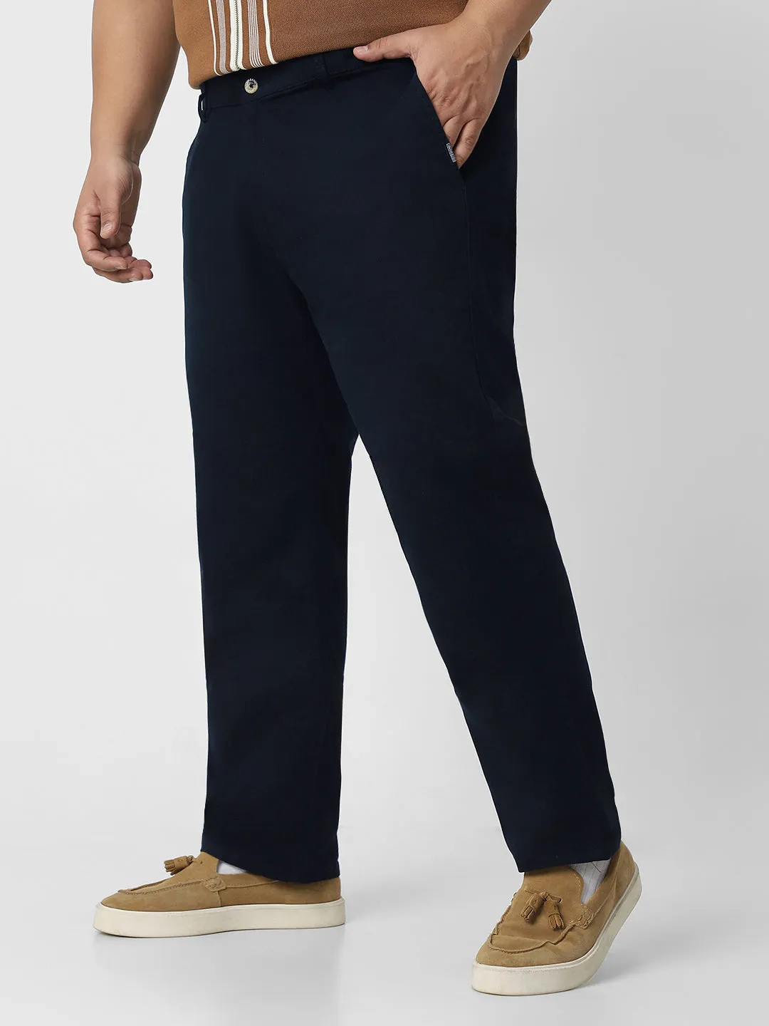 Plus Men's Navy Blue Cotton Regular Fit Casual Chino Pants Stretch