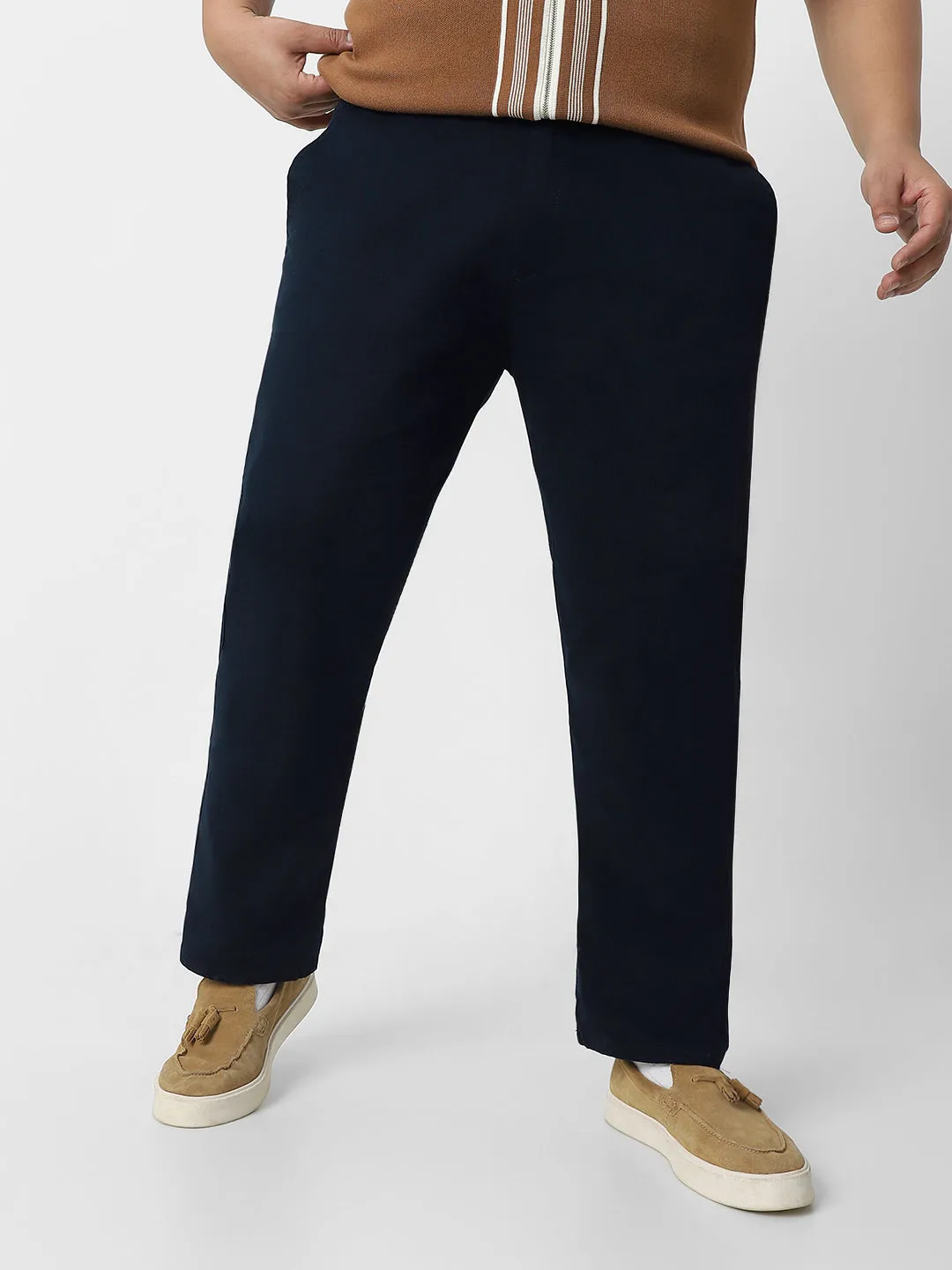 Plus Men's Navy Blue Cotton Regular Fit Casual Chino Pants Stretch
