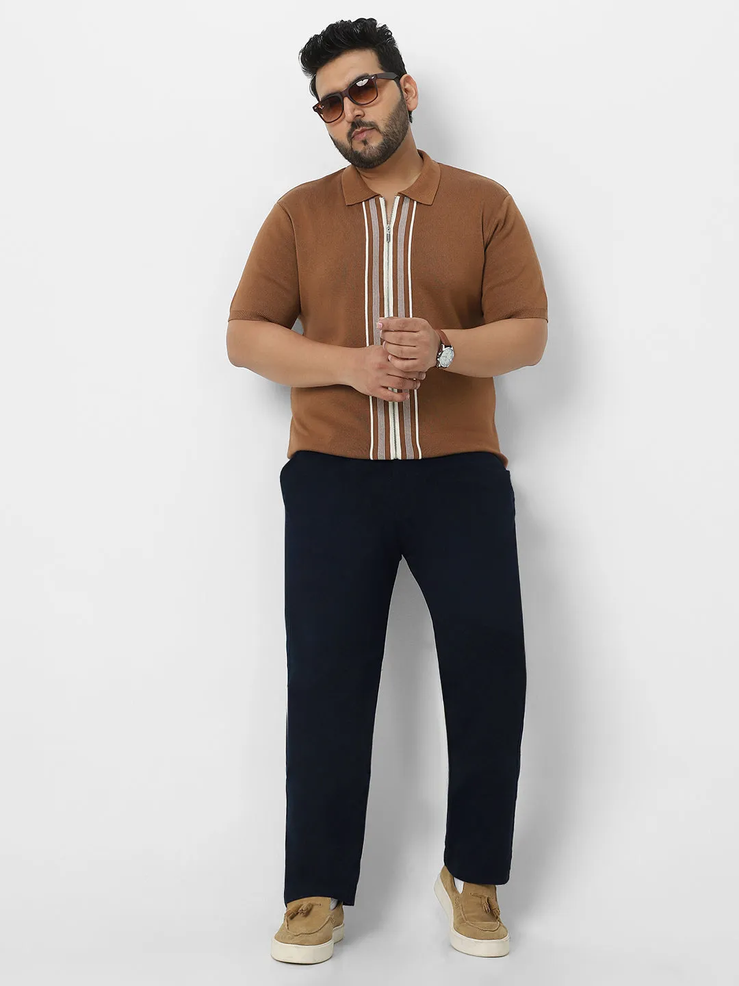Plus Men's Navy Blue Cotton Regular Fit Casual Chino Pants Stretch