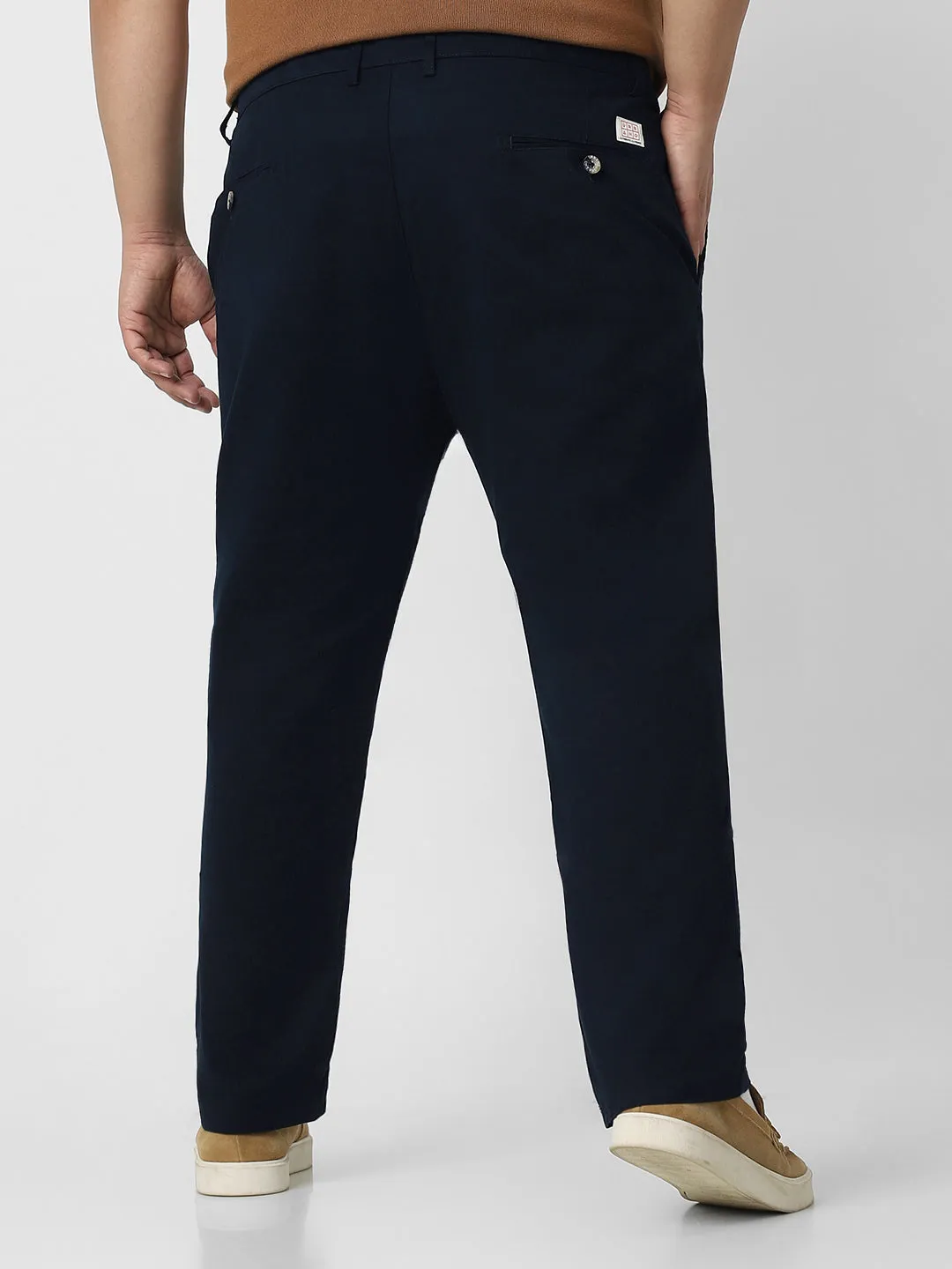 Plus Men's Navy Blue Cotton Regular Fit Casual Chino Pants Stretch