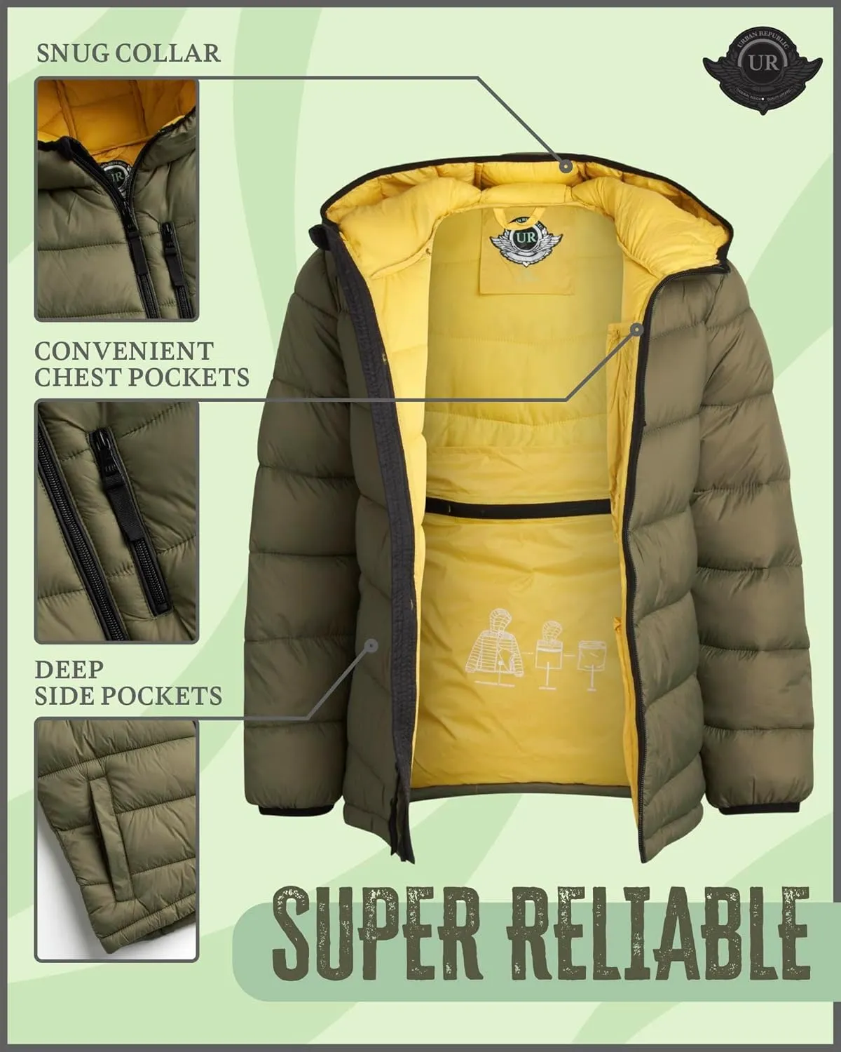 URBAN REPUBLIC Boys Foldable Hooded Jacket  Insulated Weather Resistant Bubble Puffer Windbreaker Coat for Boys Sizes 4-20