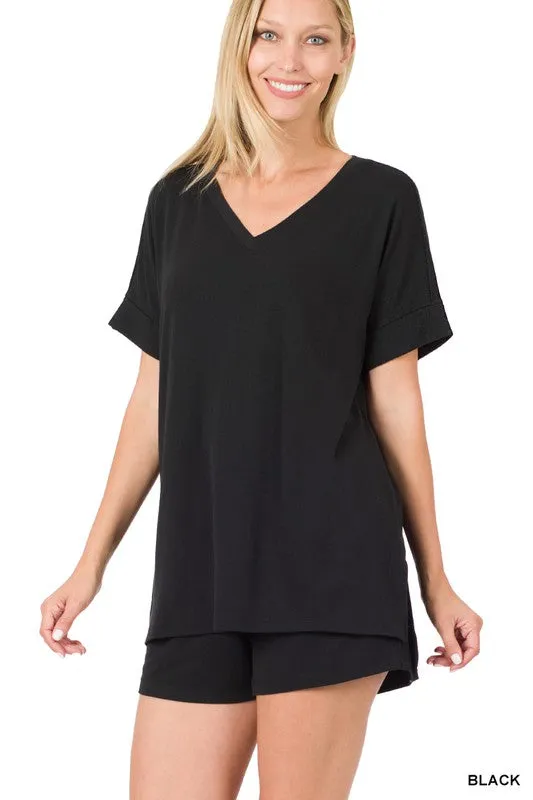 V-neck Top & Drawstring Shorts Set