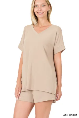 V-neck Top & Drawstring Shorts Set