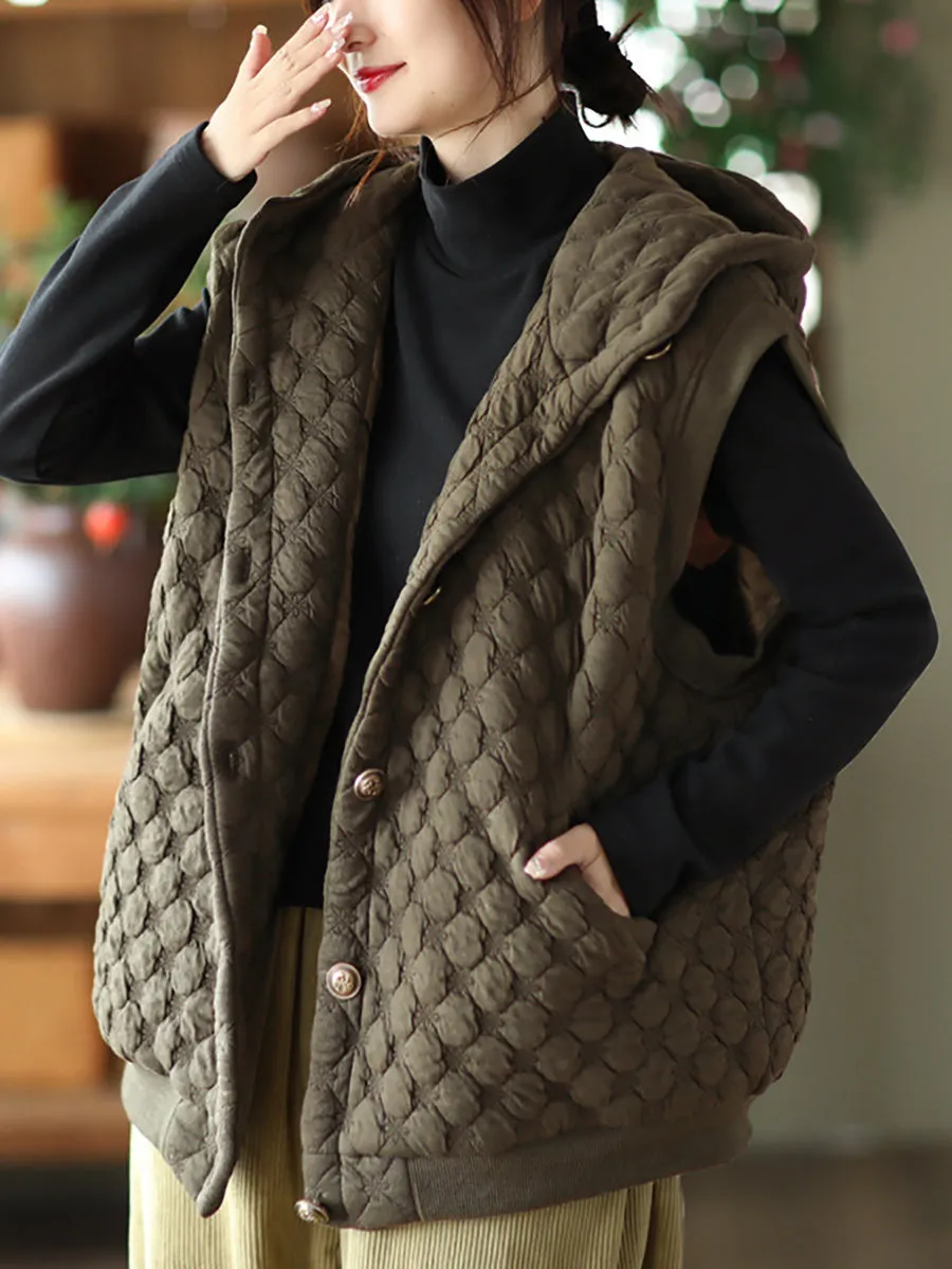 Women Winter Warm Solid Padded Hooded Vest Coat